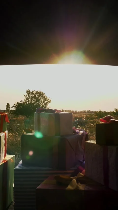 Gift boxes in the car. many beautifully wrapped boxes, lie in the car trunk. Stock Footage 321461568