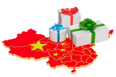 Gift boxes on the Chinese map. Christmas and New Year holidays in China conce Stock Illustration
