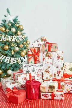 Gift boxes christmas tree background. Luxury New Year gift. Merry Christmas b Stock Photos