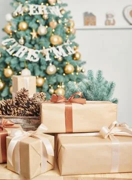 Gift boxes christmas tree background. Luxury New Year gift. Merry Christmas b Stock Photos