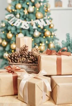 Gift boxes christmas tree background. Luxury New Year gift. Merry Christmas b Stock Photos