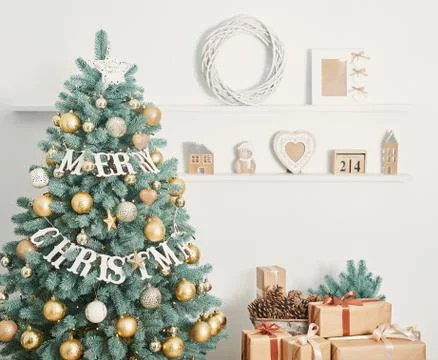 Gift boxes christmas tree background. Luxury New Year gift. Merry Christmas b Stock Photos