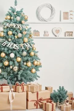 Gift boxes christmas tree background. Luxury New Year gift. Merry Christmas b Stock Photos
