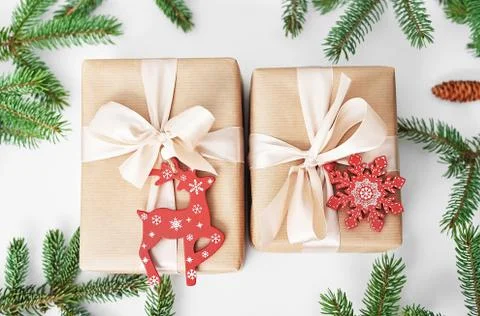 Gift boxes christmas tree background. Luxury New Year gift. Merry Christmas b Stock Photos