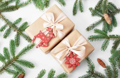 Gift boxes christmas tree background. Luxury New Year gift. Merry Christmas b Stock Photos