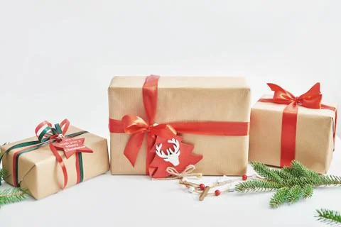 Gift boxes christmas tree background. Luxury New Year gift. Merry Christmas b Stock Photos