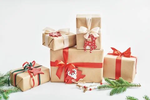 Gift boxes christmas tree background. Luxury New Year gift. Merry Christmas b Stock Photos