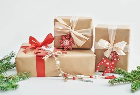 Gift boxes christmas tree background. Luxury New Year gift. Merry Christmas b Stock Photos