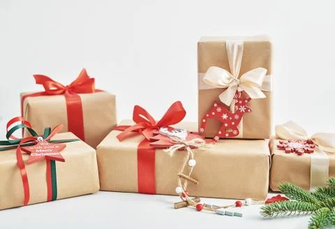 Gift boxes christmas tree background. Luxury New Year gift. Merry Christmas b Stock Photos