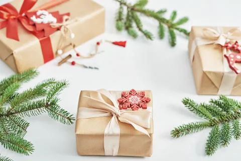 Gift boxes christmas tree background. Luxury New Year gift. Merry Christmas b Stock Photos