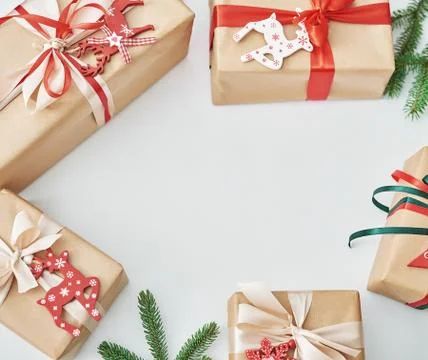 Gift boxes christmas tree background. Luxury New Year gift. Merry Christmas b Stock Photos