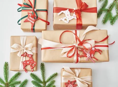 Gift boxes christmas tree background. Luxury New Year gift. Merry Christmas b Stock Photos