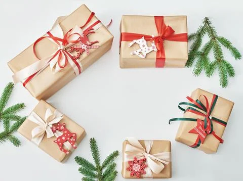 Gift boxes christmas tree background. Luxury New Year gift. Merry Christmas b Stock Photos