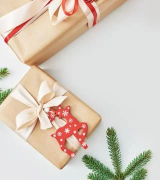 Gift boxes christmas tree background. Luxury New Year gift. Merry Christmas b Stock Photos