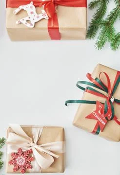 Gift boxes christmas tree background. Luxury New Year gift. Merry Christmas b Stock Photos