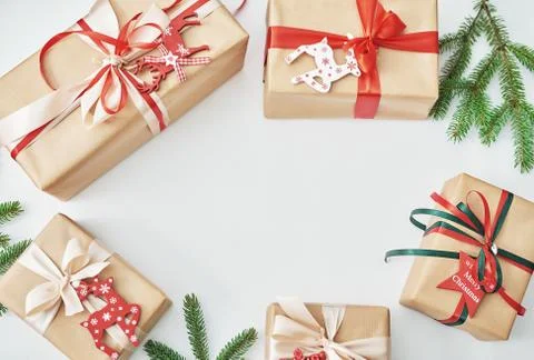 Gift boxes christmas tree background. Luxury New Year gift. Merry Christmas b Stock Photos