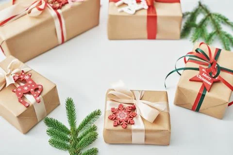 Gift boxes christmas tree background. Luxury New Year gift. Merry Christmas b Stock Photos