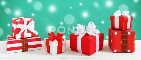 Gift boxes for Christmas on wood table Stock Photos
