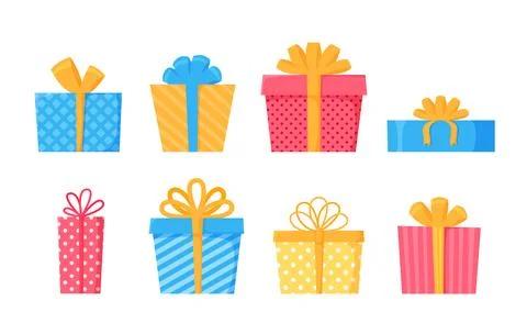 Gift boxes collection Wrapped presents with bows set. Colorful pack for Birthday Illustrazione stock