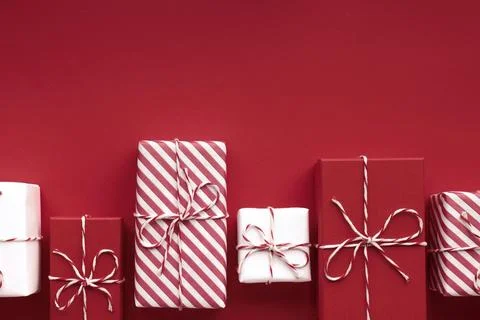 Gift boxes on color background, flat lay, space for text Stock Photos