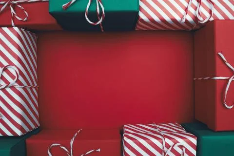 Gift boxes on color background, flat lay, space for text Stock Photos