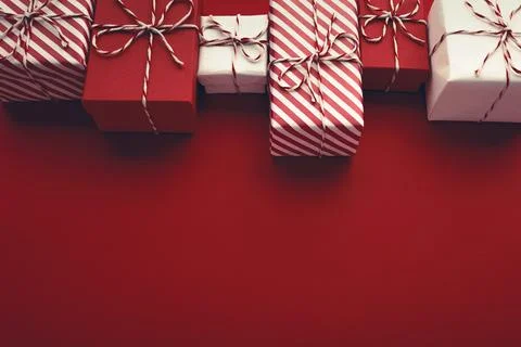 Gift boxes on color background, flat lay, space for text Stock Photos