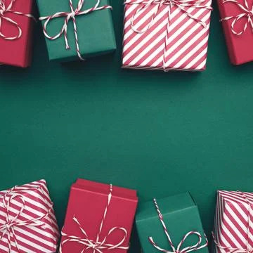 Gift boxes on color background, flat lay, space for text Stock Photos