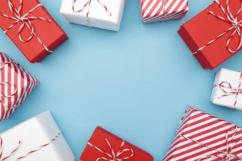 Gift boxes on color background, flat lay, space for text Stock Photos