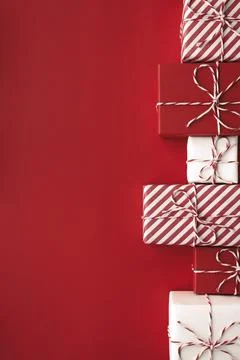 Gift boxes on color background, flat lay, space for text Stock Photos