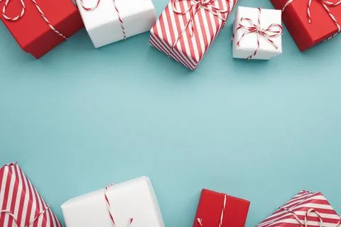 Gift boxes on color background, flat lay, space for text Stock Photos