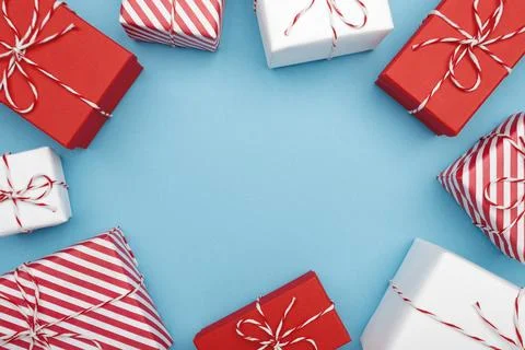 Gift boxes on color background, flat lay, space for text Stock Photos