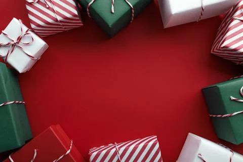 Gift boxes on color background, flat lay, space for text Stock Photos