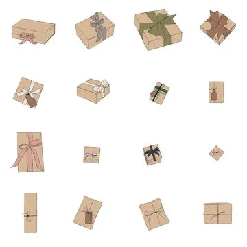 Gift boxes colored sketch set. Present boxes collection. Boxes with ribbons. Stock Illustration