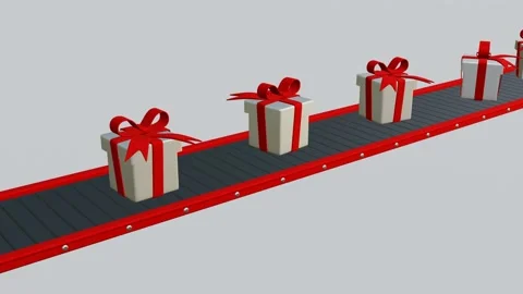 Gift boxes on conveyor belt on white background, 3D gifts box on conveyor belt Video stock 229764437