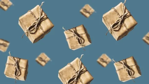 Gift boxes in craft paper. Motion design animation. blue background Video stock 165280548