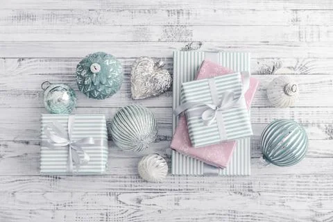 Gift boxes with different christmas decorations Stock Photos