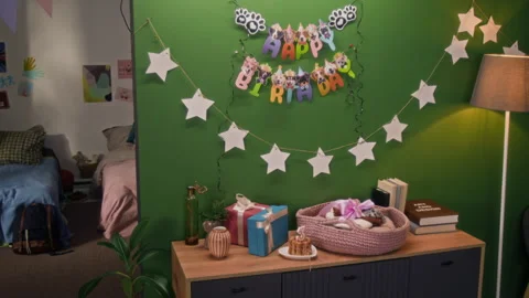 Gift Boxes, Dog Birthday Cake on Plate, Pink Knitted Pet Bed on Top of Dresser Stock Footage 330119747