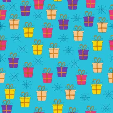 Gift boxes doodles hand drawn vector seamless pattern on blue background イラスト素材