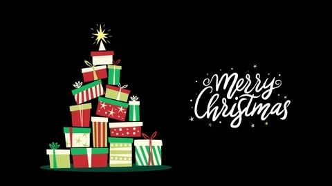 Gift boxes falling down forming a christmas tree. Christmas greeting text. Stock Footage 99639621