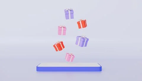 Gift boxes falling on mobile phone, receiving Surprise box online Stock Illustration