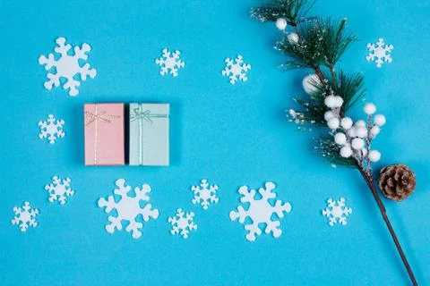 Gift boxes, fir tree branches on the blue background. Stock Photos
