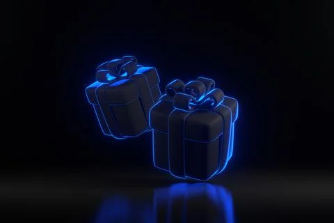 Gift boxes fly with bright glowing futuristic neon lights on black background Stock Illustration