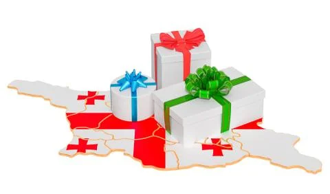 Gift boxes on the Georgian map. Christmas and New Year holidays in Georgia co Stock Illustration