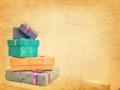 Gift Boxes Gift Boxes Stack With Bow Over Vintage Paper Background, Copysp... Stock Photos