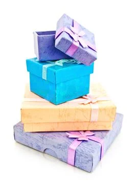 Gift Boxes Gift Boxes Stack With Bow Against White Background Copyright: x... Stock Photos