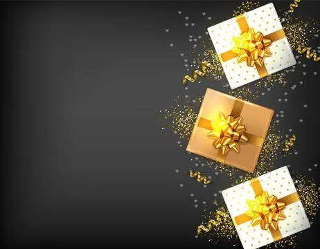 Gift boxes with golden bow Vector realistic. Dark background confeti sparkle. 스톡 일러스트