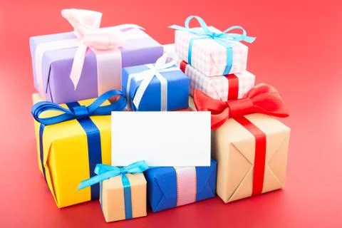 Gift boxes with greeting card Stock Photos