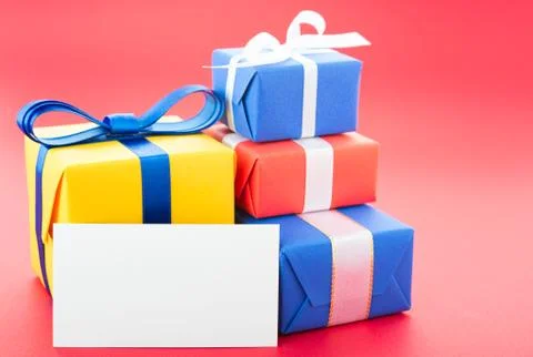 Gift boxes with greeting card Foto stock