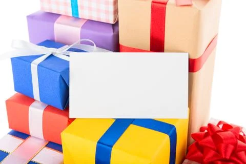 Gift boxes with greeting card Stock Photos
