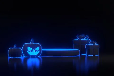 Gift boxes, Halloween pumpkins and podium with neon lights on black background Stock Illustration